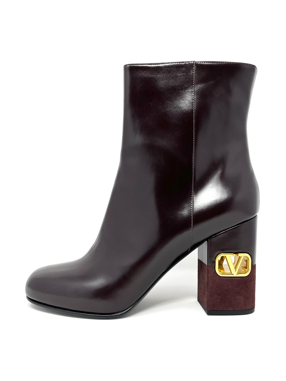 Valentino Garavani Burgundy Brown Leather Suede Gold VLogo Ankle Boots Heels 42